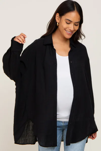 PinkBlush Black Lightweight Sheer Button Down Maternity Blouse