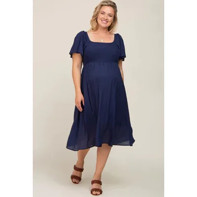 Target Pinkblush Navy Blue Smocked Square Neck Flutter Short Sleeve Maternity Plus Midi Dress 3X