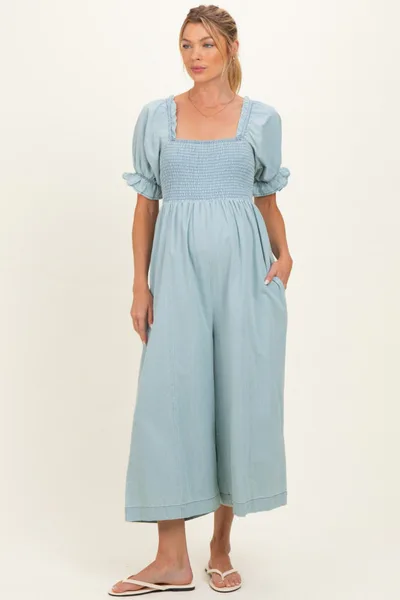 PinkBlush Light Blue Chambray Puff Sleeve Wide Leg Maternity Jumpsuit