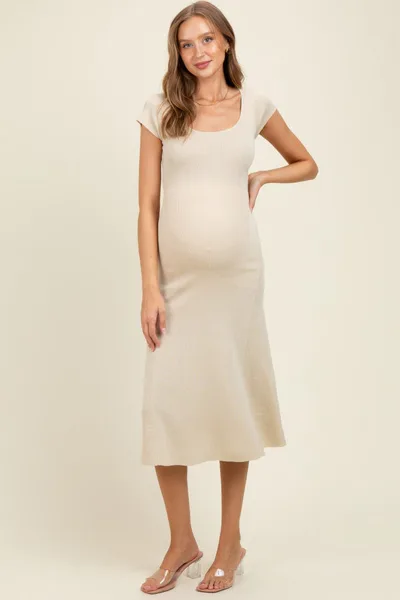 PinkBlush Cream/Black Short Cap Sleeve Tie Back Sweater Maternity Midi Dress