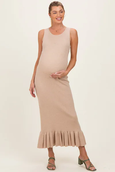 PinkBlush Oatmeal Ribbed Knit Sleeveless Ruffle Hem Maternity Maxi Dress