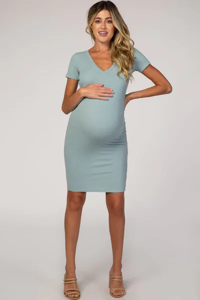 PinkBlush Dusty Mint Ribbed Maternity Dress