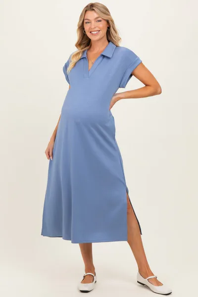PinkBlush Denim Blue Collared Oversized Maternity Midi Dress