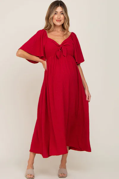 PinkBlush Burgundy Textured Dot Front Tie Ruffle Sleeve Maternity Midi Dress