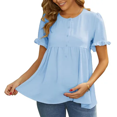 Target INSPIRE CHIC Women's Maternity Casual Round Neck Ruffle Sleeve Button Up T-Shirts Babydoll Loose Fit Peplum Tops Medium Blue