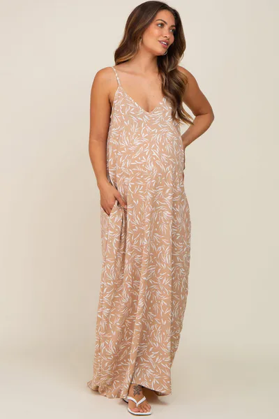 PinkBlush Taupe Leaf Print Double V-Neck Maternity Maxi Dress