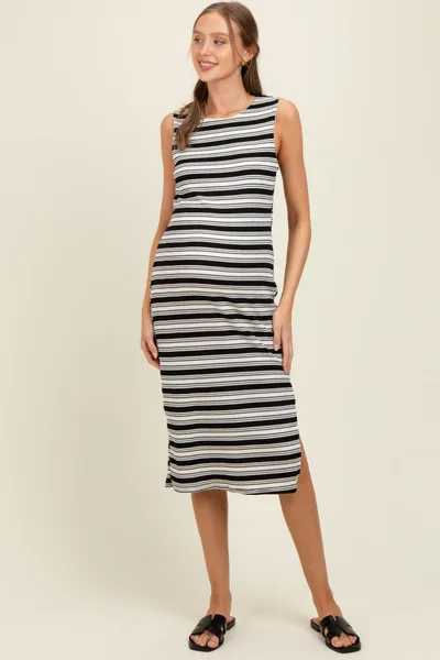 PinkBlush Black Multi-Stripe Ribbed Sleeveless Cutout Maternity Midi Dress