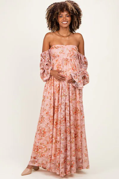 PinkBlush Peach Off Shoulder Long Sleeve Maternity Maxi Dress