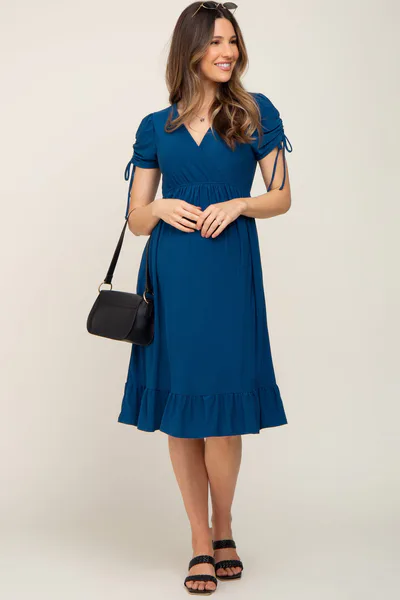 PinkBlush Deep Teal Cinched Sleeve Maternity Midi Dress