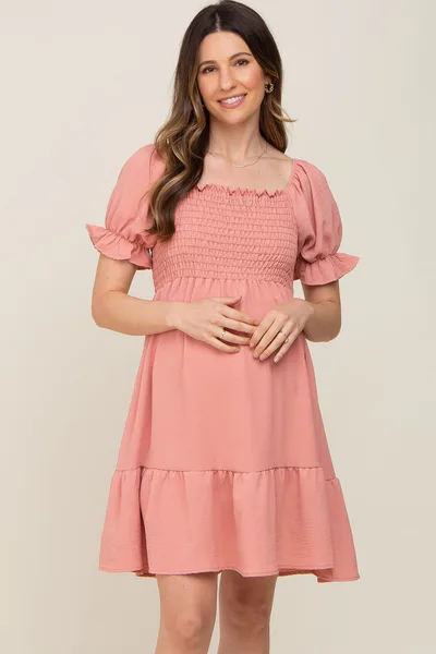 PinkBlush Coral Smocked Ruffle Trim Maternity Dress