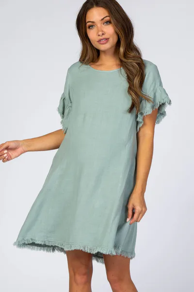 PinkBlush Mint Green Frayed Trim Back Keyhole Linen Maternity Dress