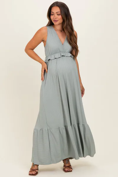 PinkBlush Sage Ribbed Sleeveless V-Neck Ruffle Tiered Maternity Maxi Dress