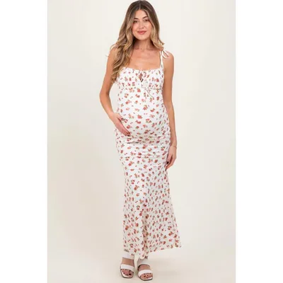 Target Pinkblush Red Ribbed Floral Shoulder Tie Maternity Maxi Dress Medium