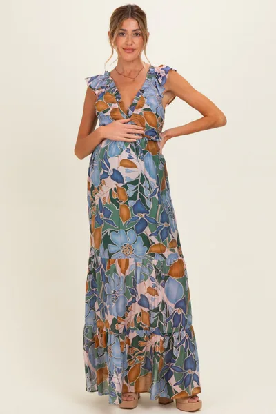 PinkBlush Blue Floral V-Neck Tiered Maternity Maxi Dress
