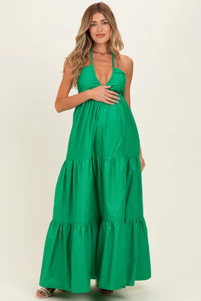 PinkBlush Green Cutout Halter Neck Maternity Maxi Dress