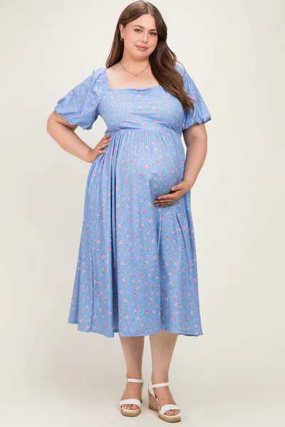PinkBlush Light Blue Floral Bubble Short Sleeve Babydoll Plus Maternity Dress
