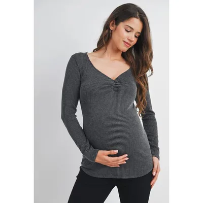 Target Hello Miz Womens Ribbed Sweetheart Neck Long Sleeve Maternity Top - Charcoal - Large
