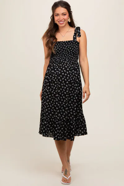 PinkBlush Black Floral Sleeveless Knotted Strap Maternity Dress