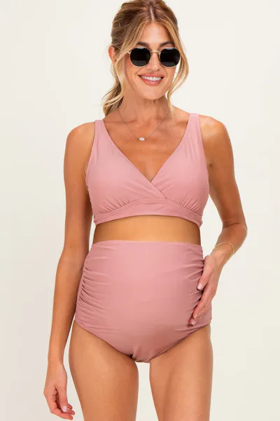 PinkBlush Mauve Pink High Waist Maternity Bikini Set