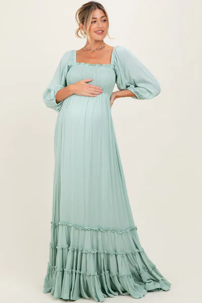 PinkBlush Sage Solid 3/4 Sleeve Smocked Top Tiered Maternity Maxi Dress