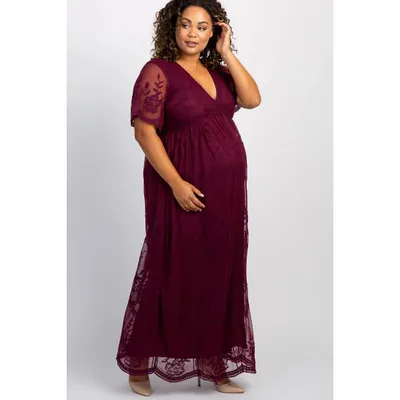 Target Pinkblush PinkBlush Burgundy Lace Mesh Overlay Plus Maternity Maxi Dress 3X