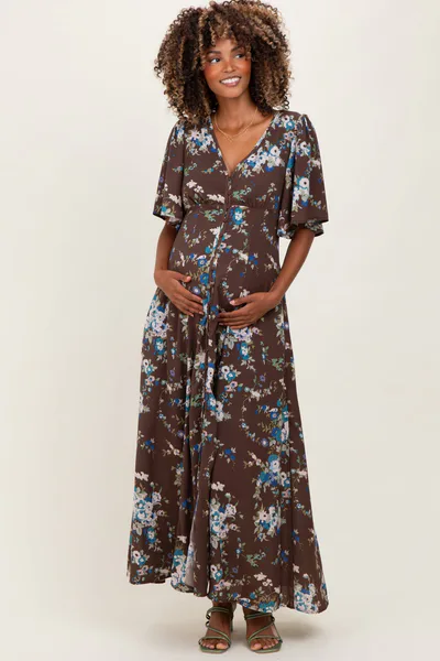 PinkBlush Brown Floral Flutter Button Down Maternity Maxi Dress