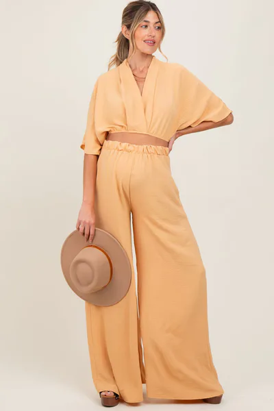 PinkBlush Peach Crop Blouse Wide Leg Pant Maternity Set