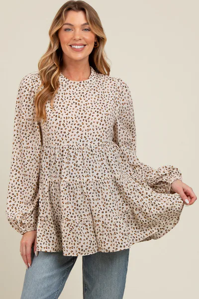 PinkBlush Ivory Animal Print Mock Neck Tiered Maternity Top