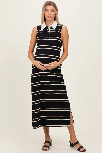 PinkBlush Black Striped Sleeveless Collared Maternity Midi Dress