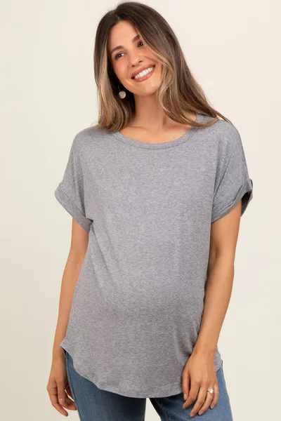 PinkBlush Grey Rolled Cuff Maternity Short Sleeve Top