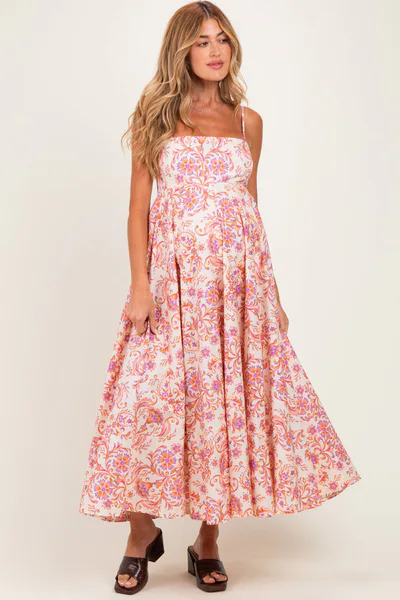 PinkBlush Cream Apricot Floral Sleeveless Maternity Maxi Dress