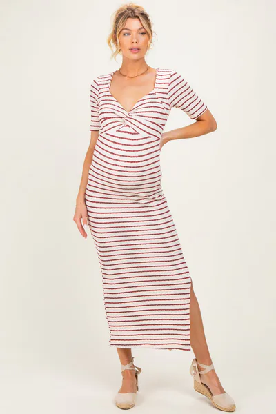 PinkBlush Cream/ Burgundy Striped Knit Short Sleeve Maternity Maxi Dress