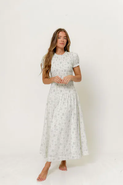 Worth Collective Orchard 100% Cotton Smocked Maxi Dress in Off White/Blue - Bump Friendly