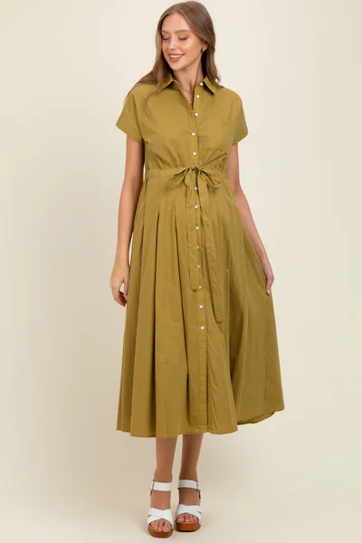 PinkBlush Olive Button Down Shirt Maternity Maxi Dress