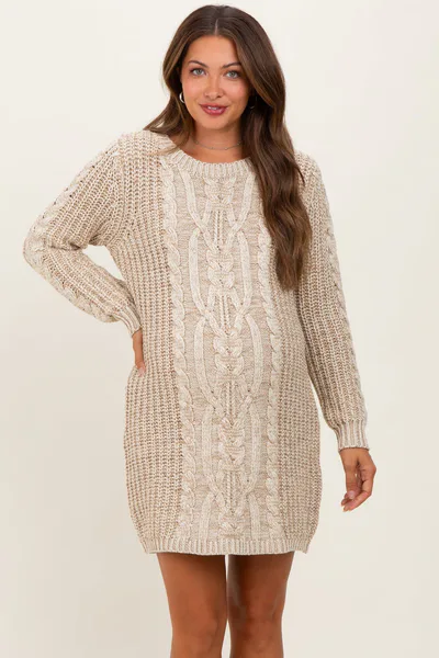 PinkBlush Beige Two Tone Cable Knit Maternity Mini Sweater Dress