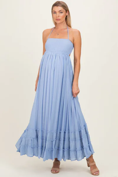 PinkBlush Powder Blue Smocked Halter Open Back Maternity Maxi Dress