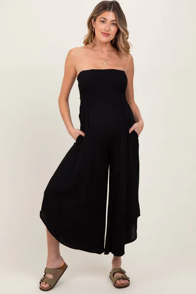 PinkBlush Black Strapless Smocked Tulip Leg Maternity Jumpsuit