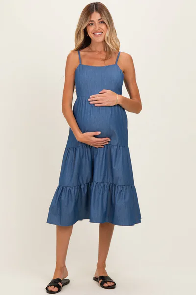 PinkBlush Dark Blue Tiered Sleeveless Maternity Midi Dress