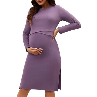 Target INSPIRE CHIC Women's Fleece Maternity Dress Long Sleeve Round Neck Bodycon Midi Pregnancy Dress Medium Purple