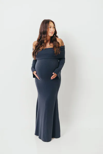 Worth Collective Monroe Maxi Dress with Long Sleeves in Dusty Navy- Bump Friendly