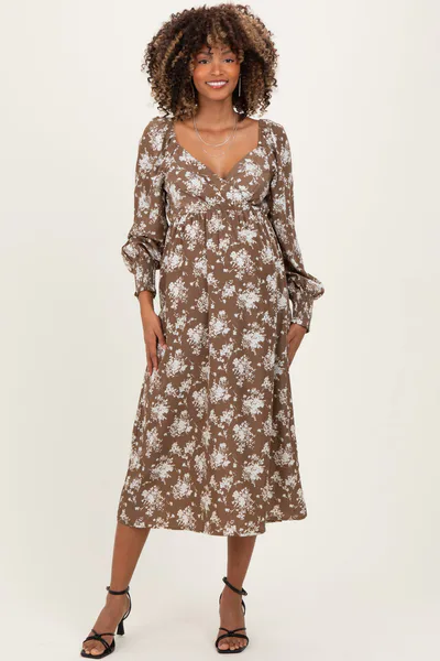 PinkBlush Mocha Floral Crossover Neckline Maternity Midi Dress