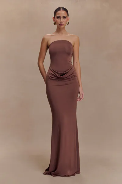 MESHKI Madison Strapless Slinky Maxi Dress - Chocolate