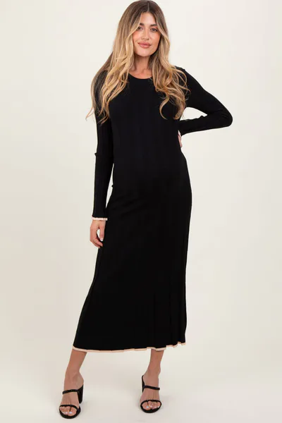 PinkBlush Black Ribbed Knit Maternity Maxi Sweater Dress