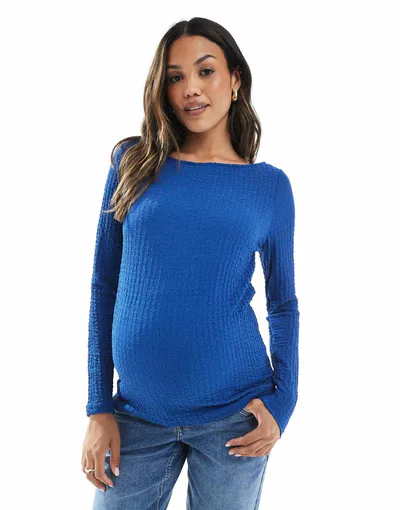ASOS Mamalicious Maternity textured jersey boat neck top in blue