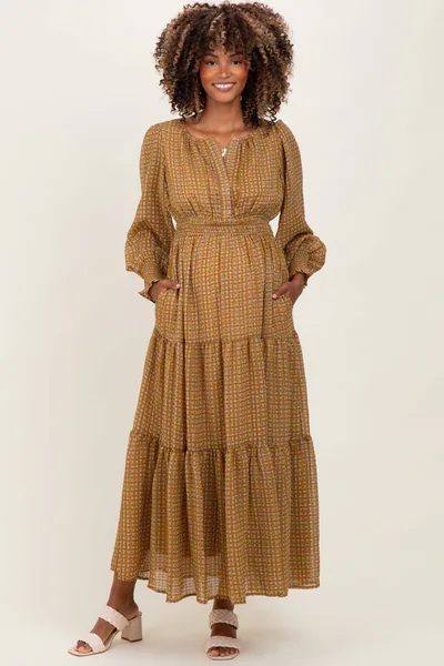 PinkBlush Yellow Printed Smocked Waist Tiered Maternity Maxi Dress
