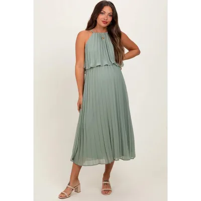 Target PinkBlush Light Olive Pleated Woven Maternity Midi Dress Light Olive Medium