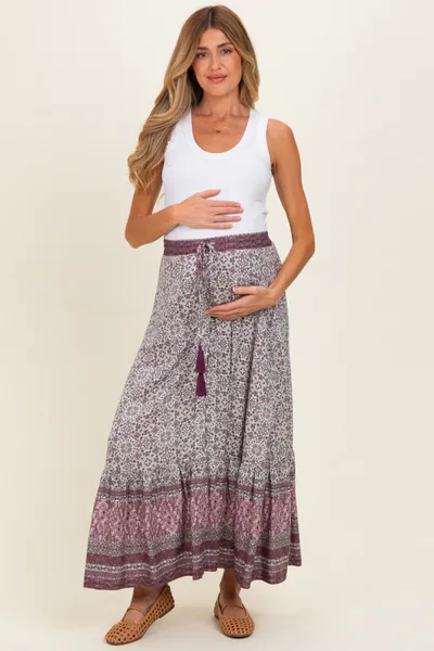 PinkBlush Rose Boho Print Drawstring Smocked Waist Maternity Maxi Skirt