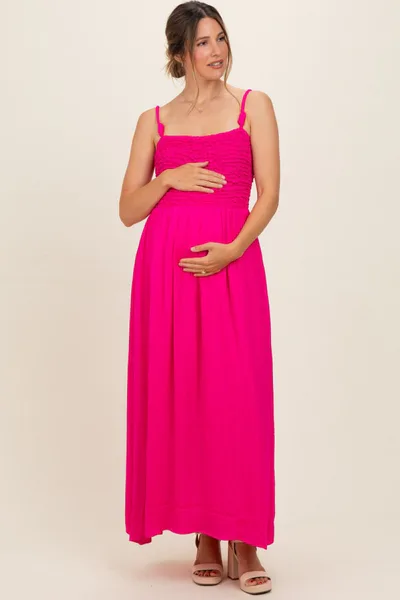 PinkBlush Hot Pink Textured Smocked Maternity Maxi Dress