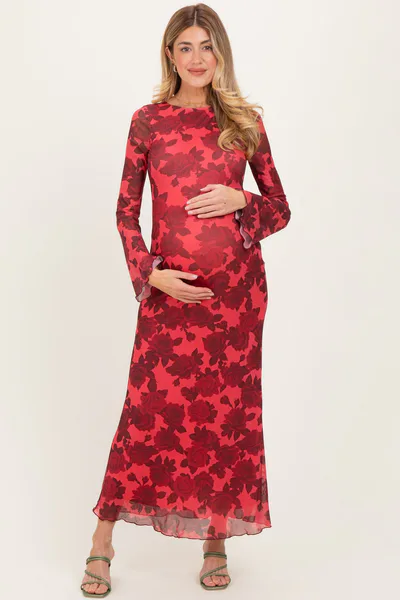 PinkBlush Red Floral Bell Sleeve Maternity Maxi Dress
