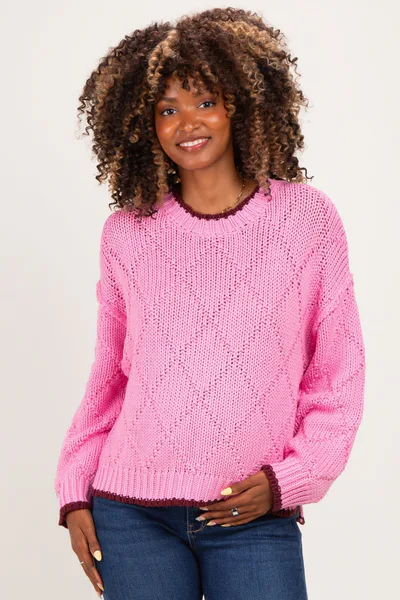 PinkBlush Hibiscus Contrast Trim Pointelle Matenity Sweater